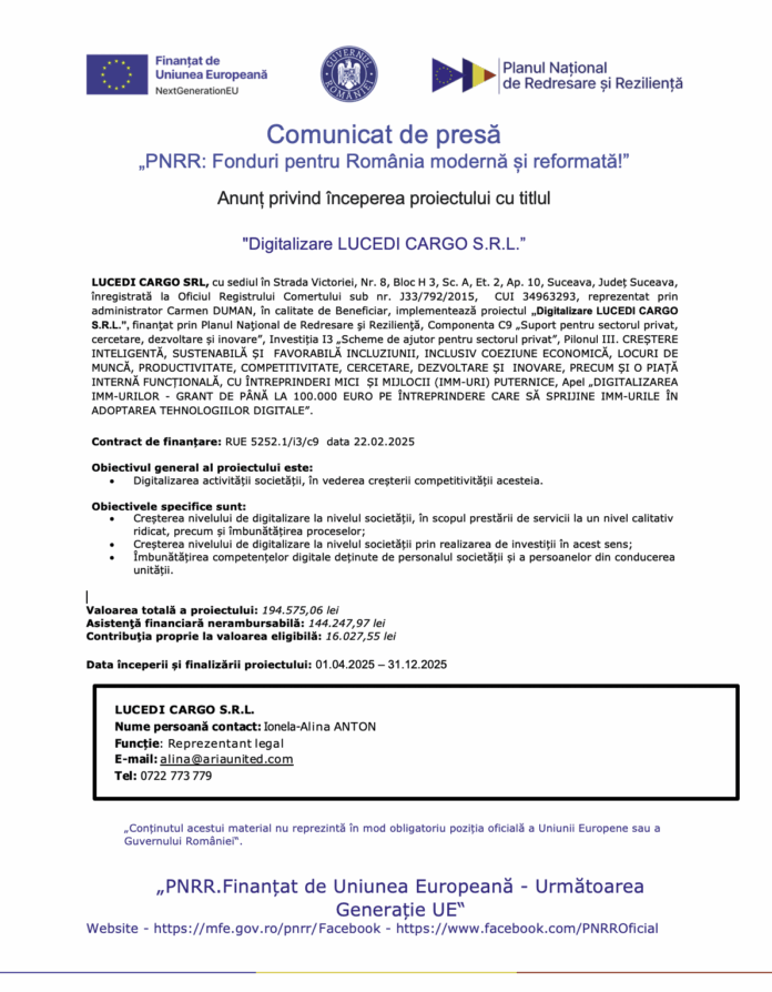 Comunicat de presa PNRR Digitalizare LUCEDI CARGO S.R.L